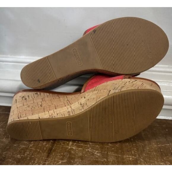 COACH JAZMIN PLATFORM WEDGE RED CANVAS Sandal Leather Size 6.5 - Picture 5 of 6